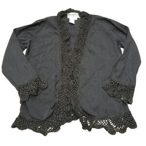 Joseph‎ A Black Open Front Cardigan Sweater Small Crochet Trim Bell Cuffs Boho